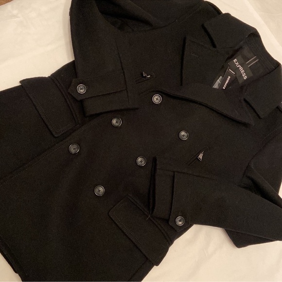 Y2K Express wool pea coat black classic double breasted biased zippered pockets - Picture 6 of 16